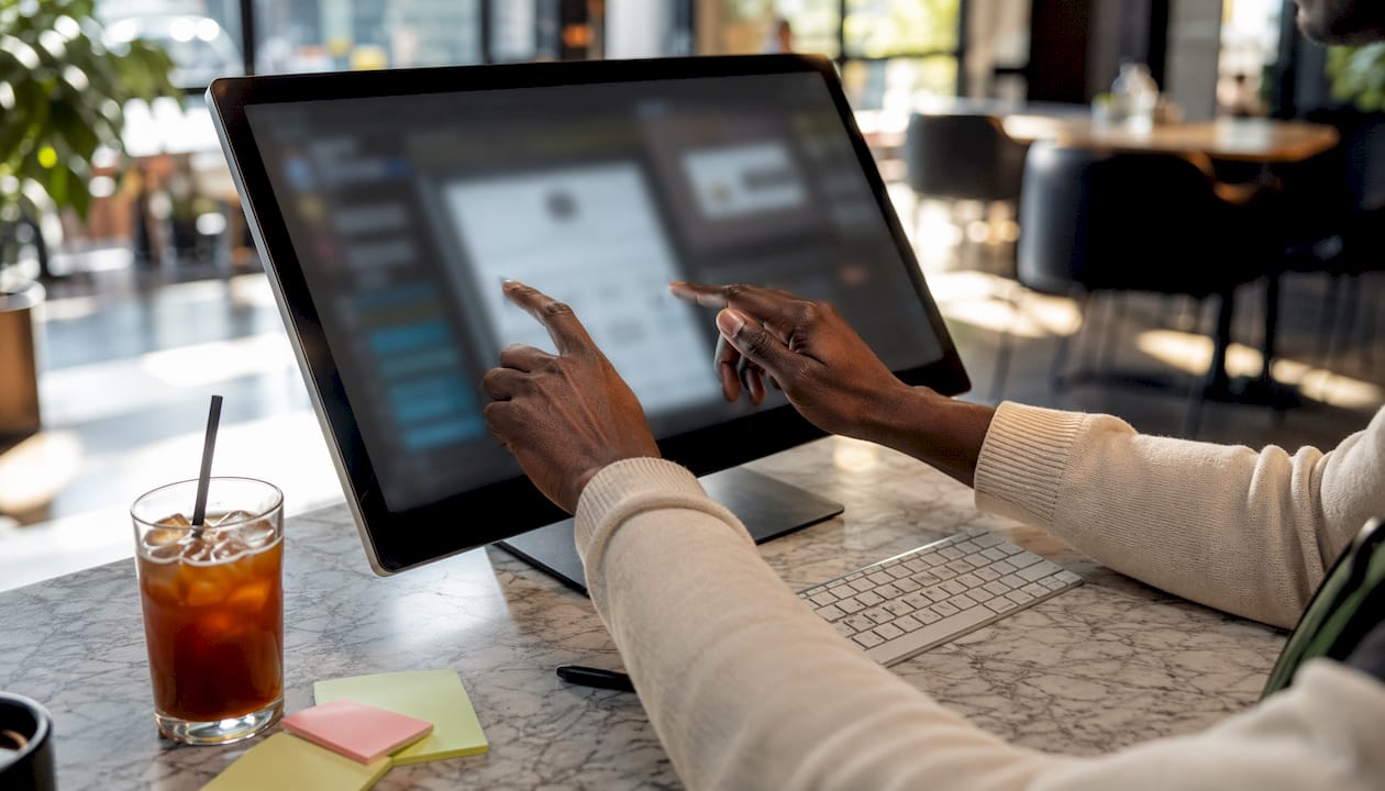 Hands working on touchscreen CMS interface