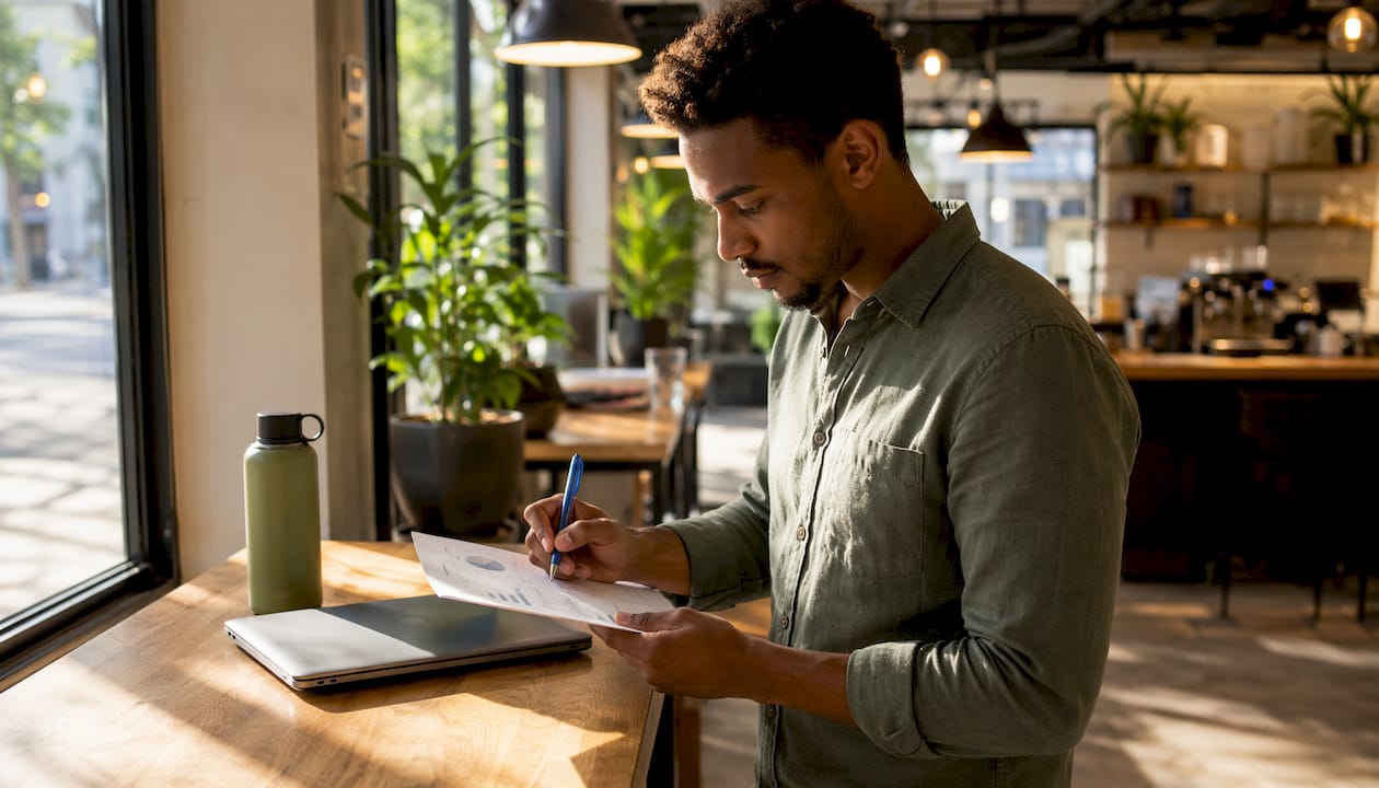 Entrepreneur working on financial forecast worksheet