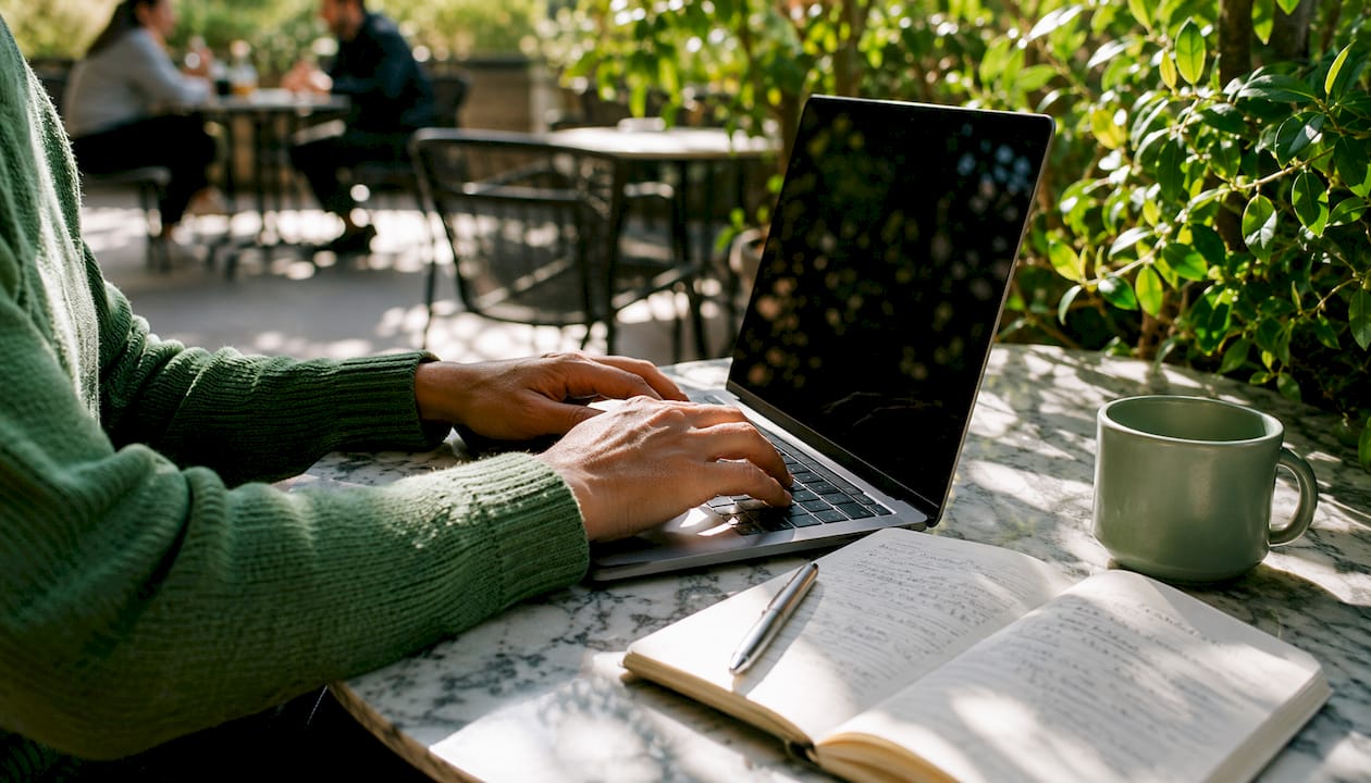 Hands typing with notes in café