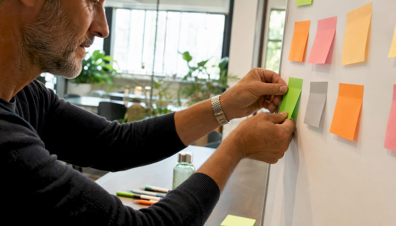 Hands arranging colorful sticky notes for CTA design