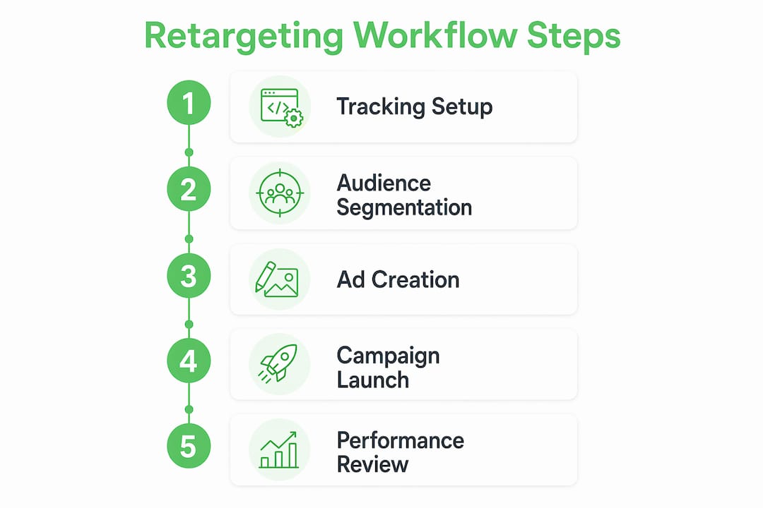 Infographic showing vertical flow of customer retargeting workflow steps
