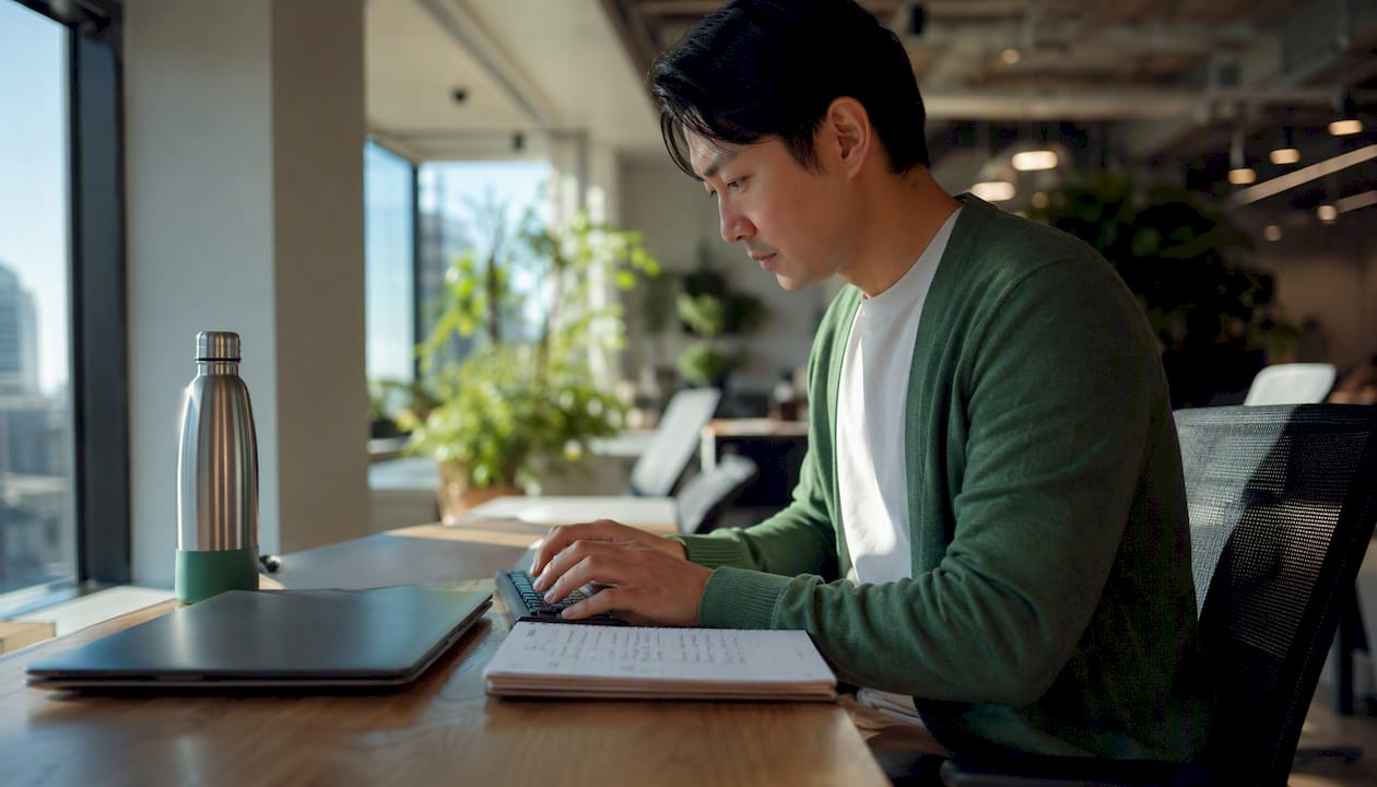 Man typing on keyboard in technology workspace
