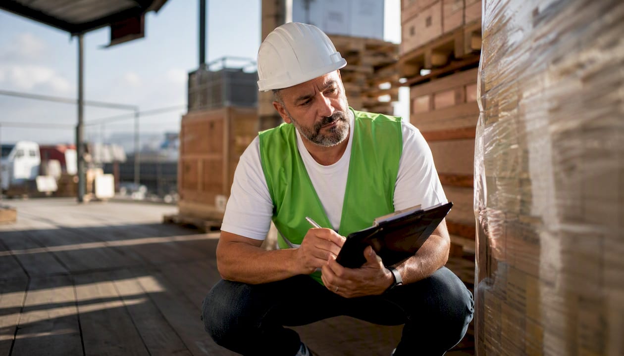 Warehouse supervisor counting inventory on pallets