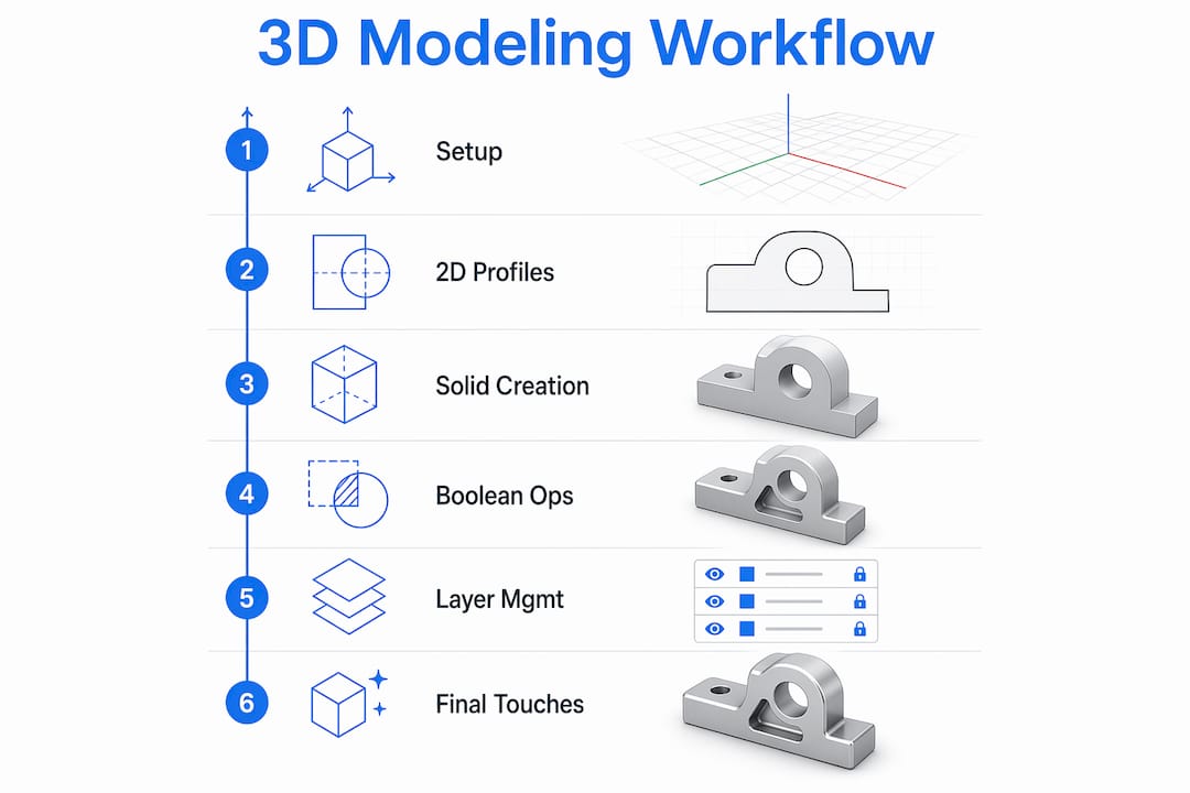 Infographic illustrating AutoCAD 3D modeling workflow steps