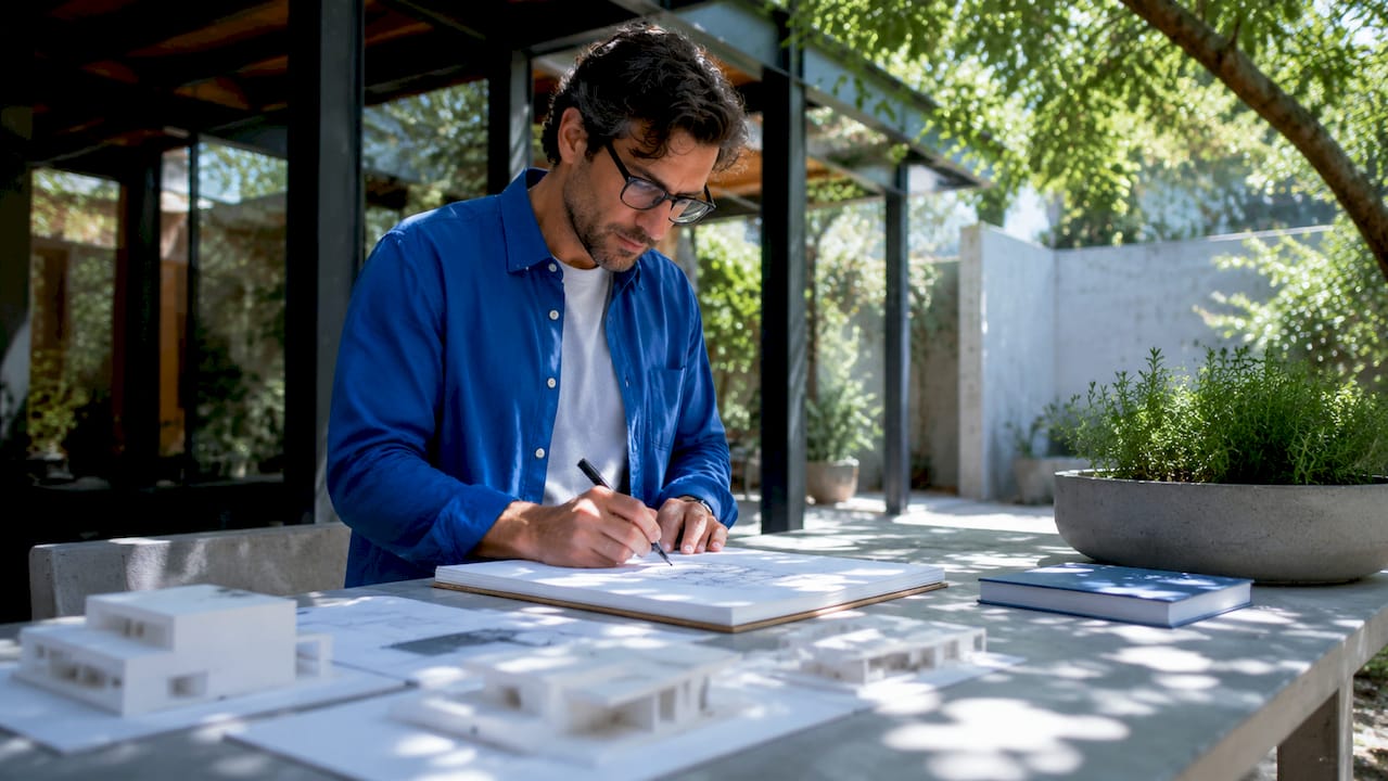 Architect working on 3D modeling workflow blueprint