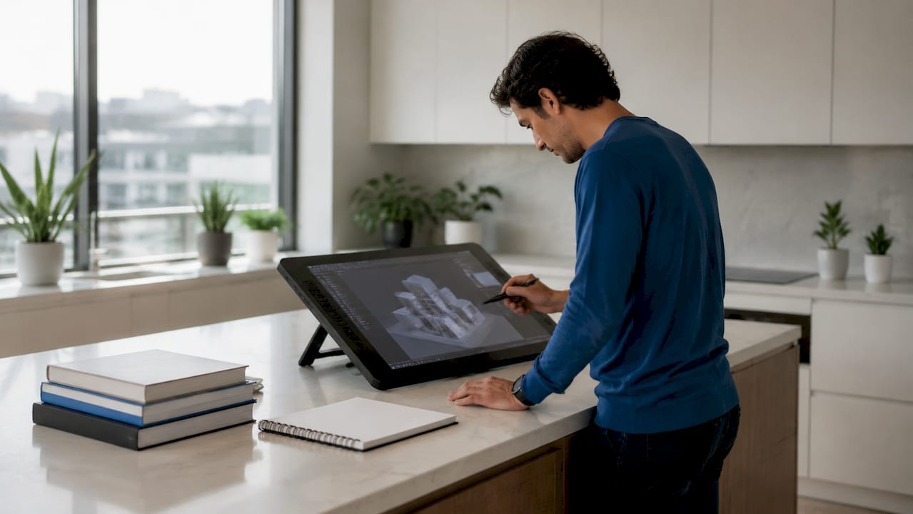 Hands drawing 2D profiles on touchscreen tablet