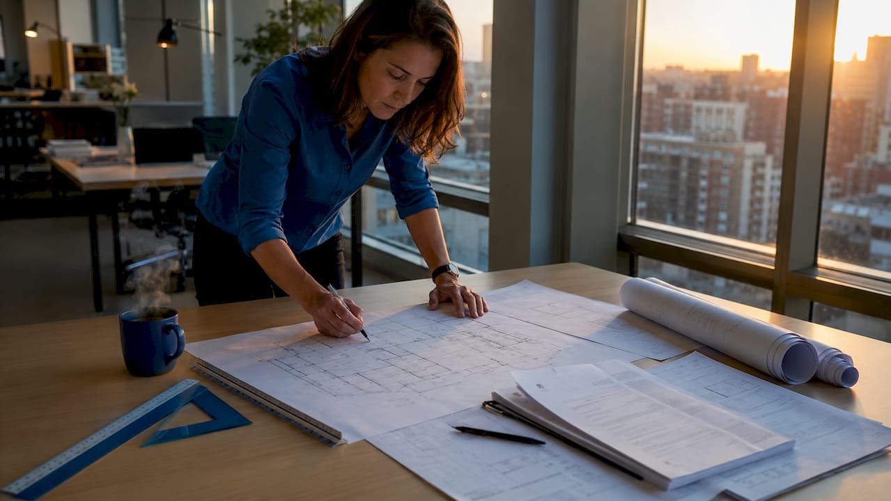 Architect reviewing technical drawings checklist