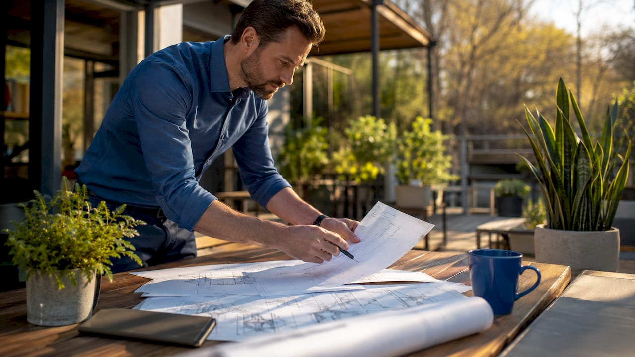 Architect pointing to checklist on conference table