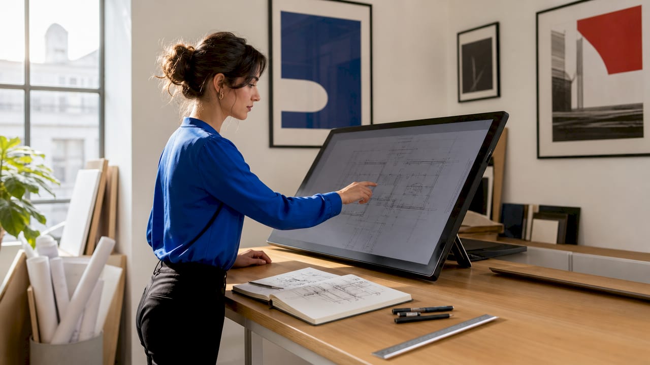 Designer’s hands using AutoCAD extend command