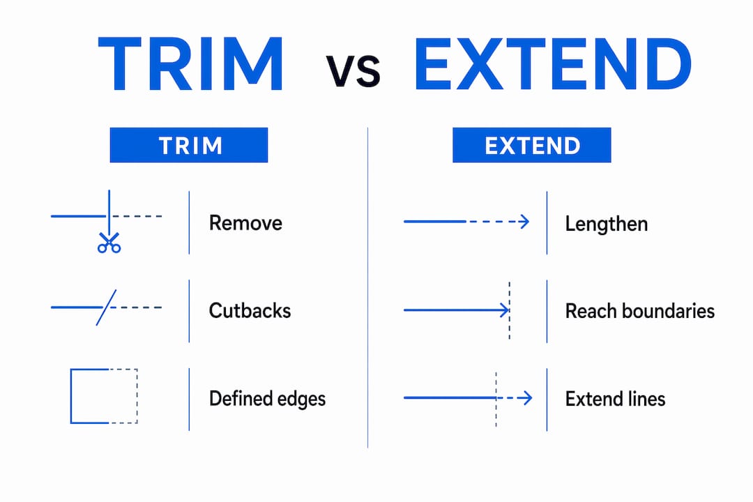 Infographic comparing AutoCAD TRIM and EXTEND commands