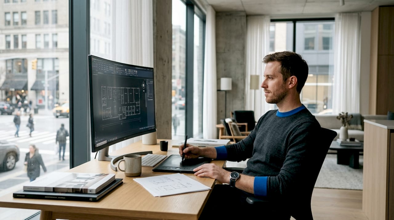 Architect using AutoCAD with drawing tablet