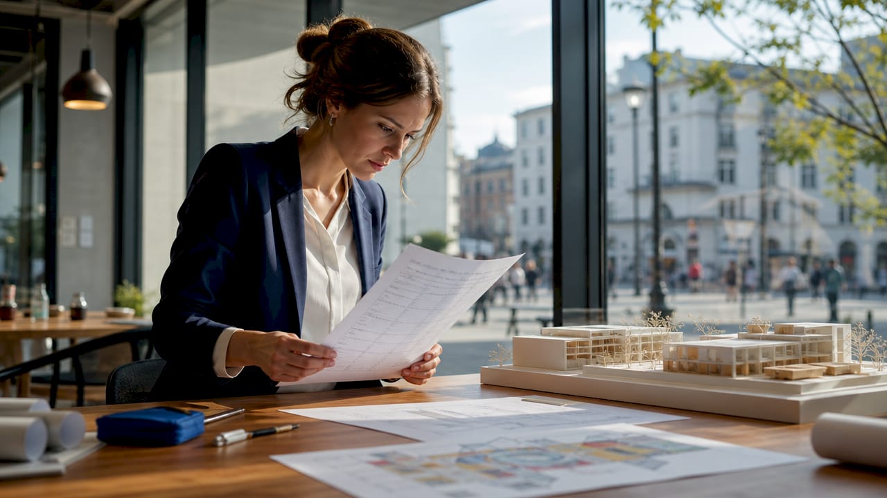 Architect reviewing printed drawing checklist