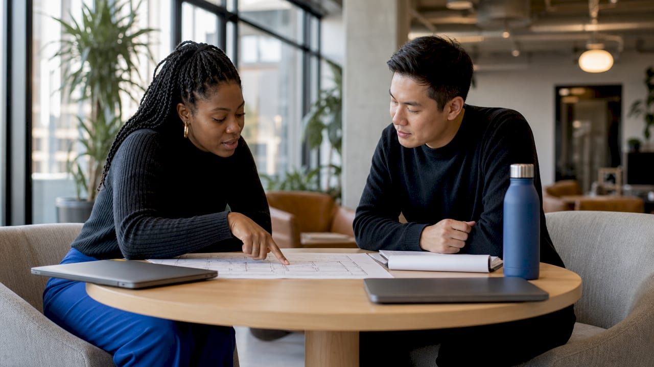 Two architects discussing printed Revit plans from above