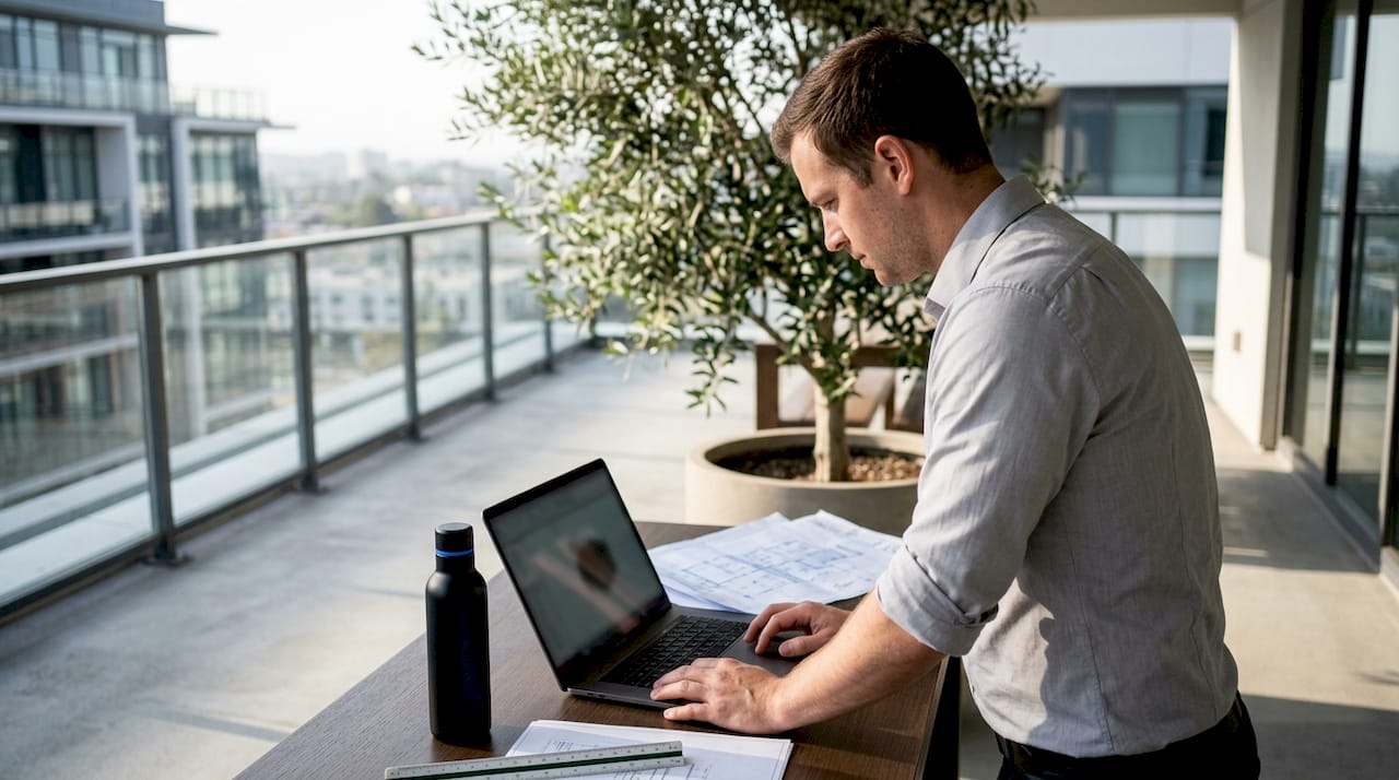 Architect working on Revit at desk side view