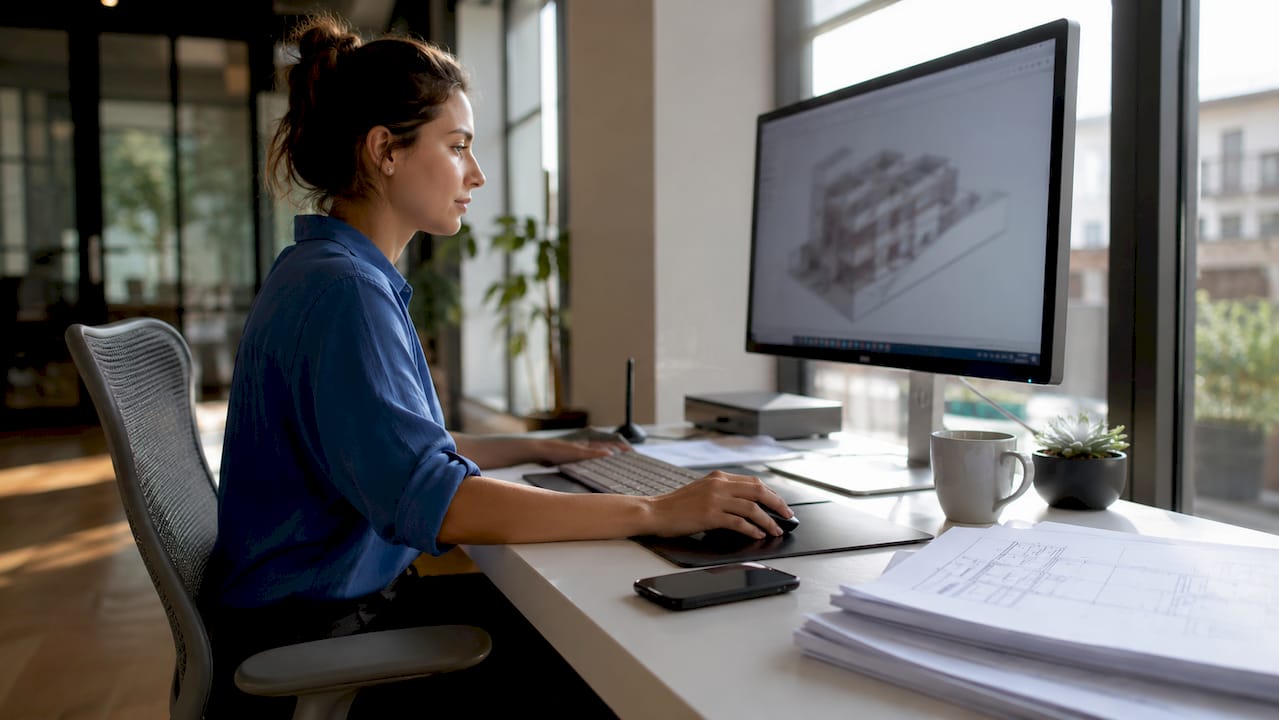 Architect working with Revit model on computer