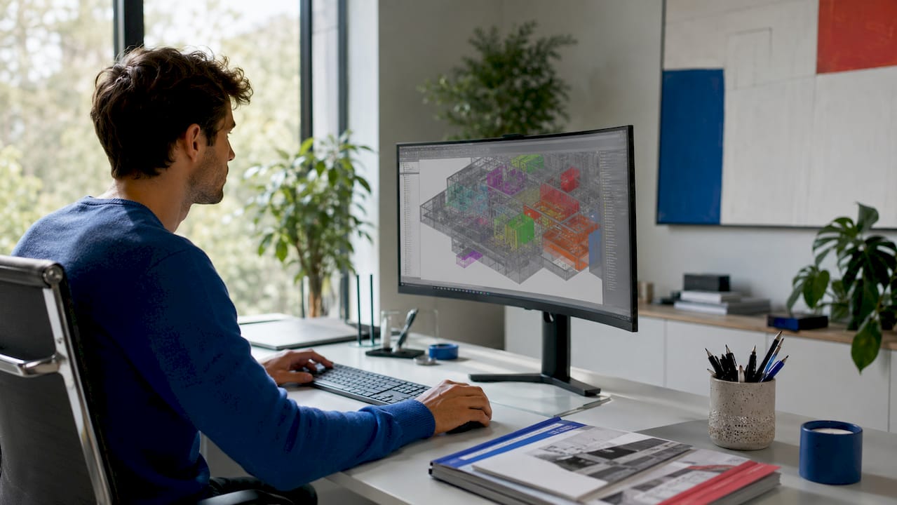 Hands operating Revit coordination model software