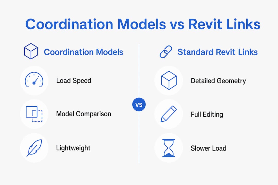 Infographic comparing coordination models and Revit links