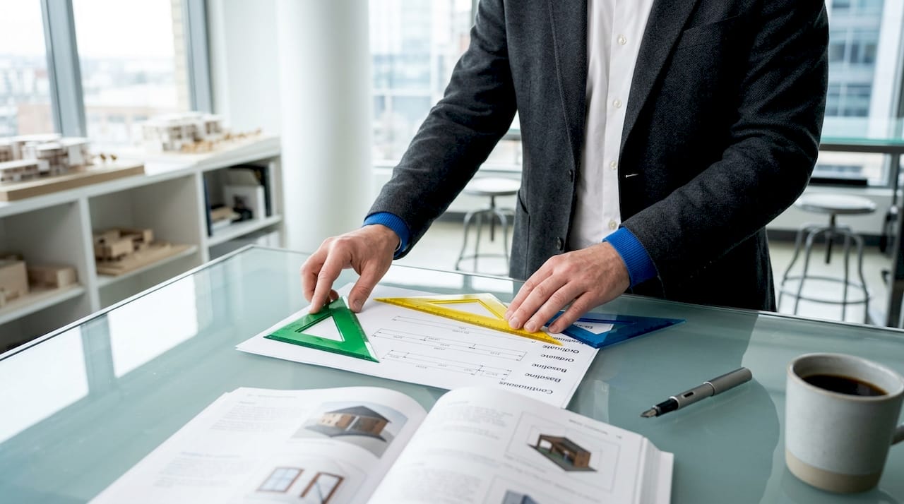 Hands arranging dimension tools at desk