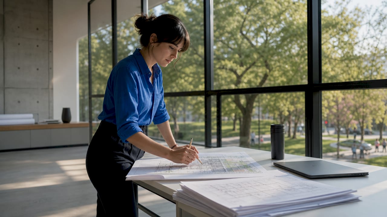 Architect reviewing AutoCAD drawings at desk