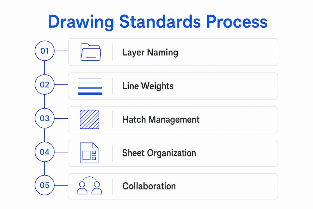 Infographic showing AutoCAD drawing standards process steps