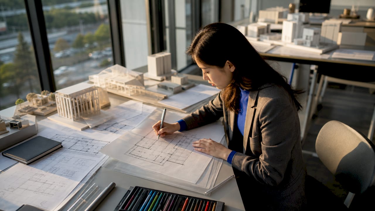 Architect drawing 2D floor plan at drafting table