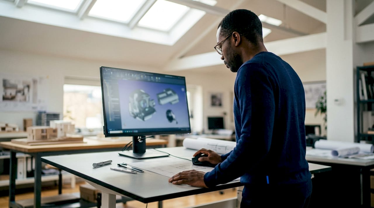 Engineer working on 3D CAD model at desk