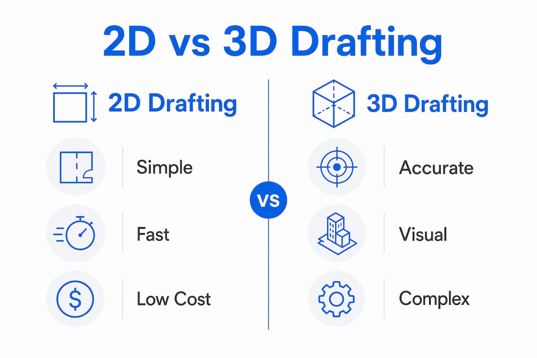 Infographic comparing 2D and 3D drafting features