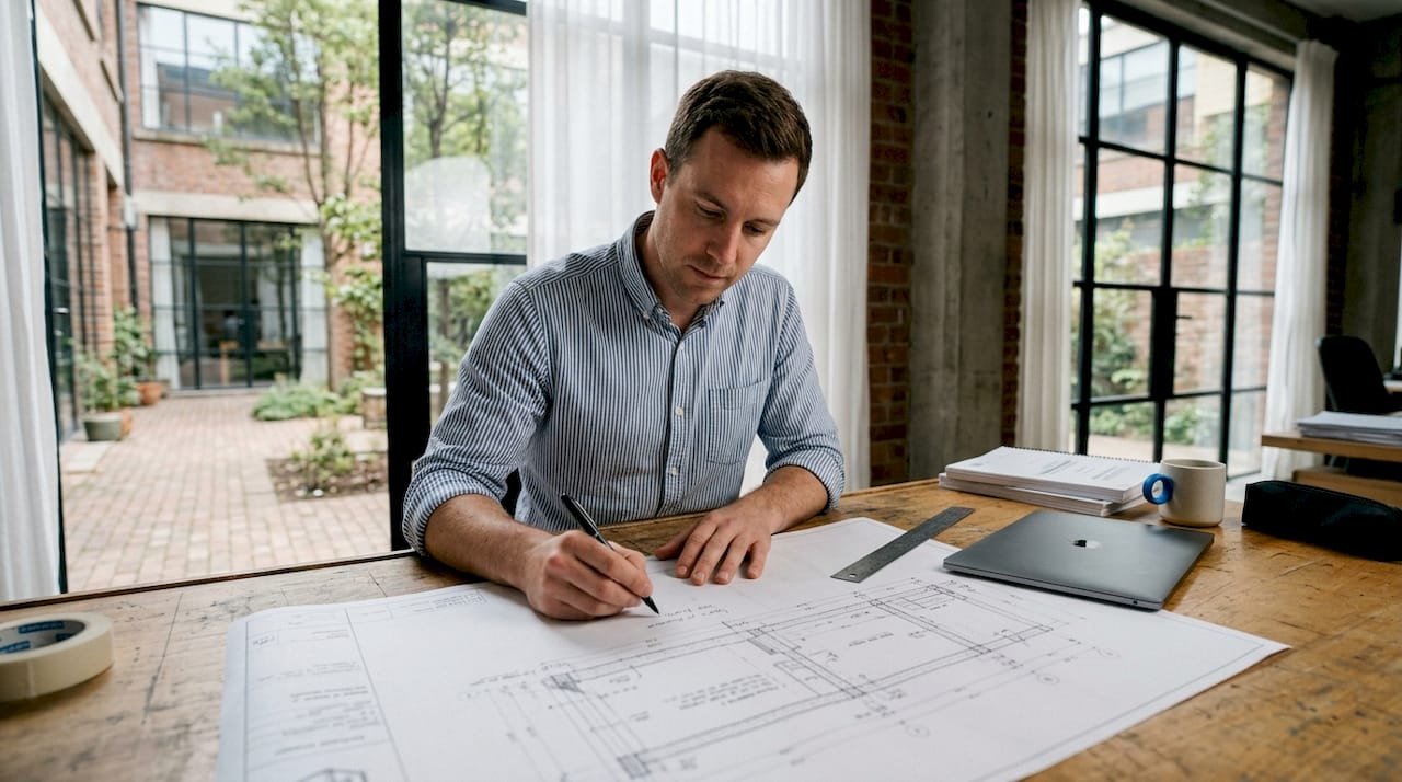 Engineer marking structural framing blueprint