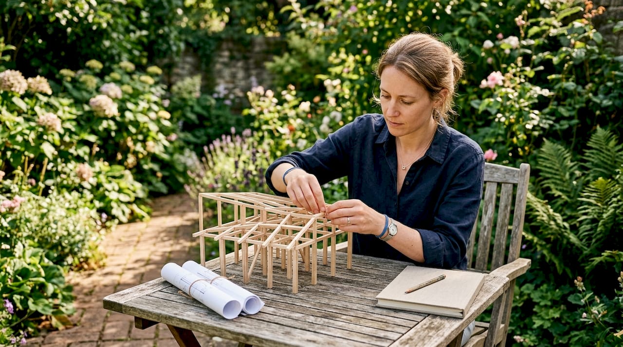 Hands adjusting architectural beam model