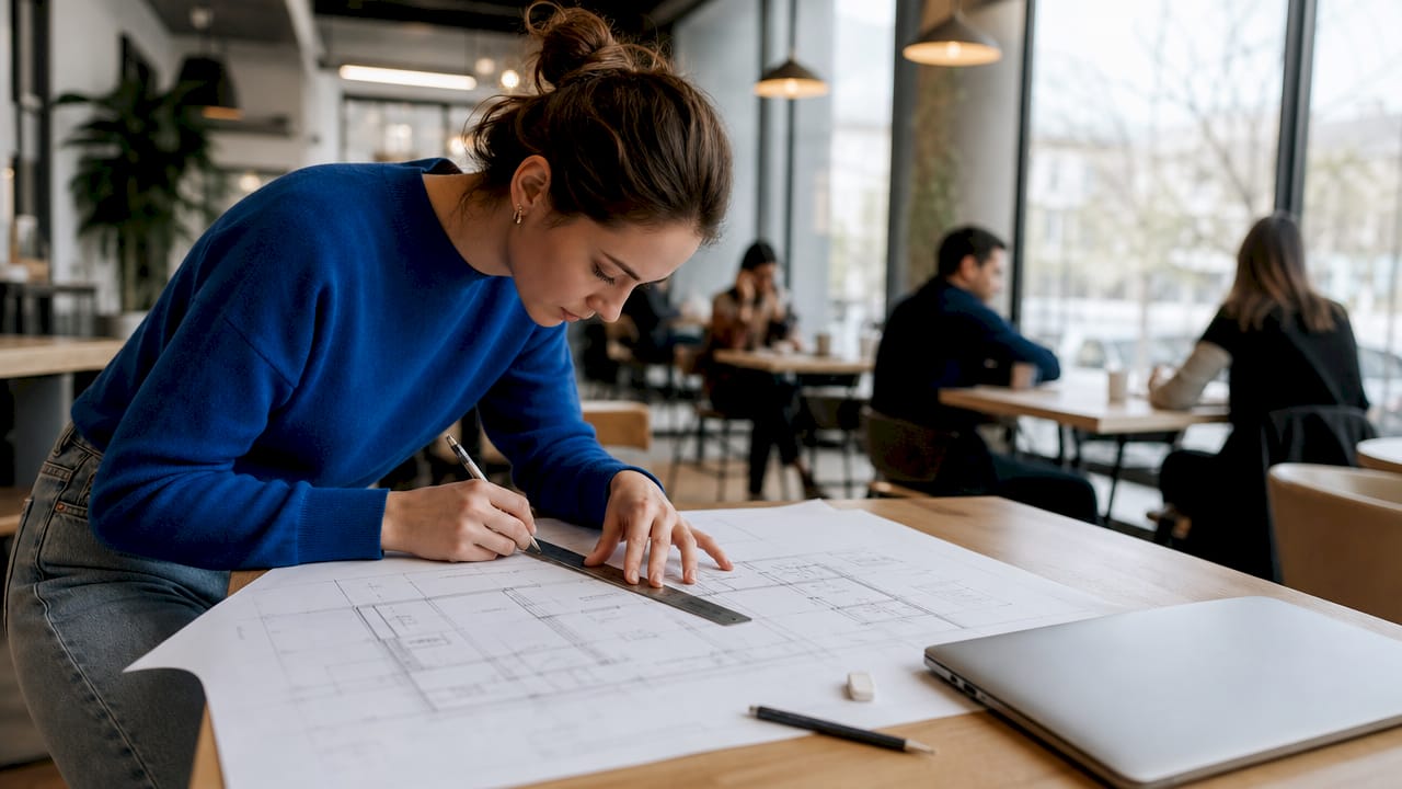 Architect drawing construction lines on blueprint