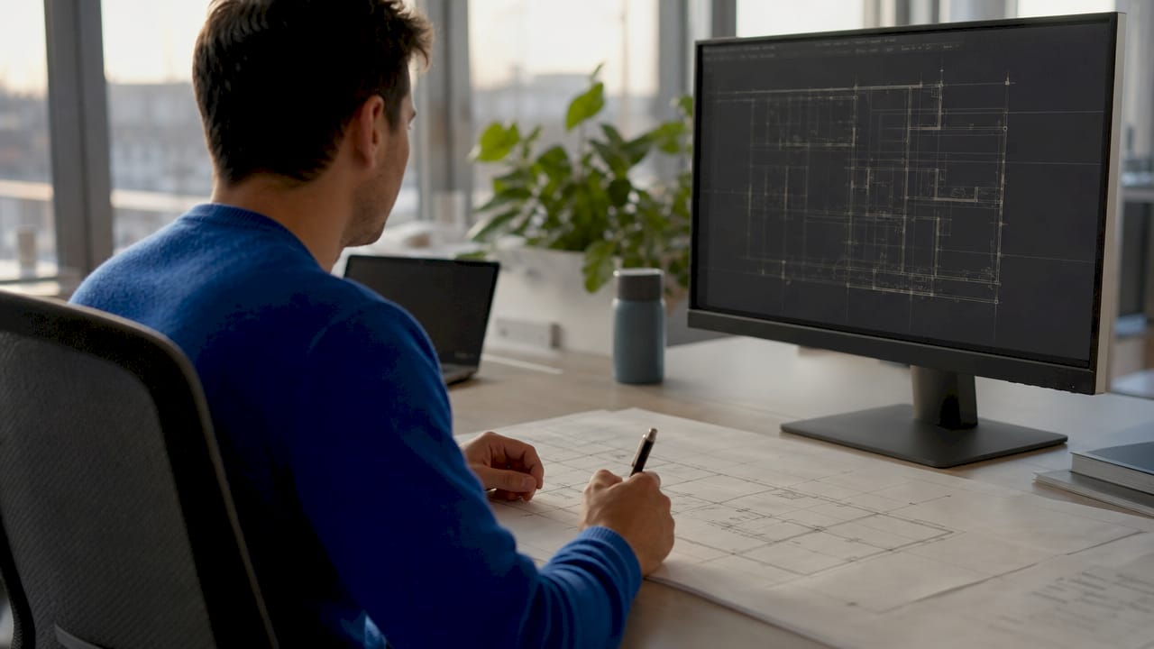 Computer screen showing AutoCAD construction lines