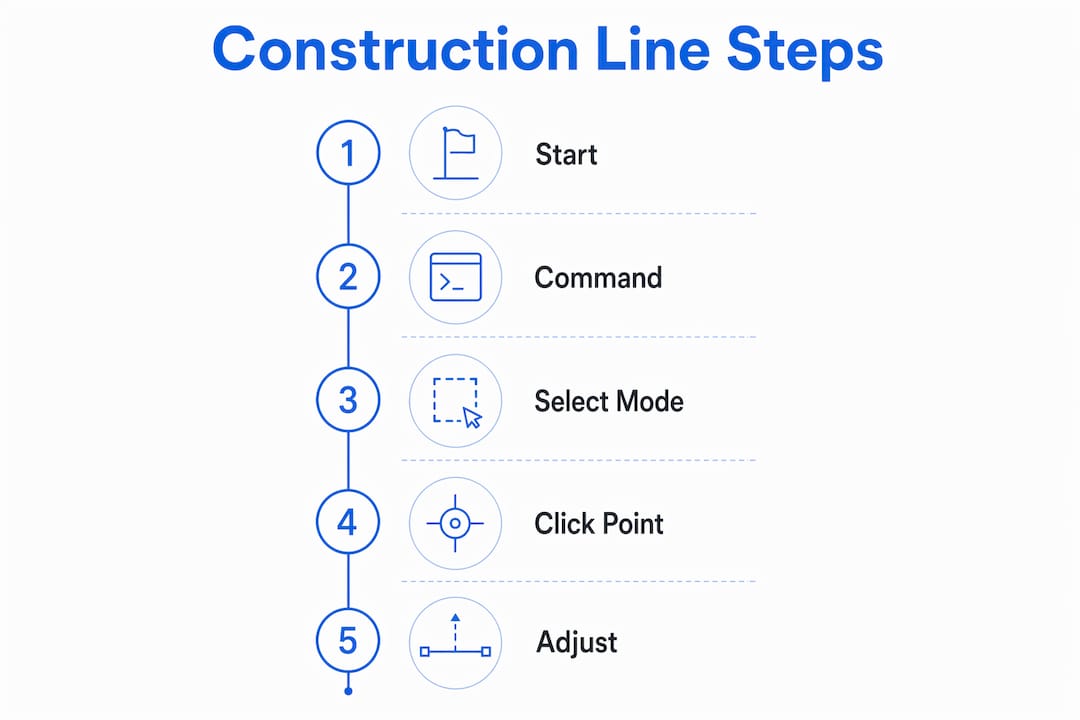 Infographic showing steps to create construction lines in AutoCAD