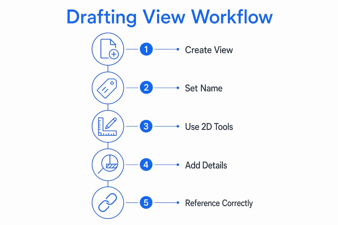 Infographic outlining drafting view creation steps