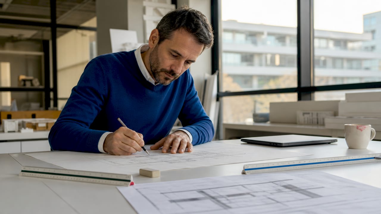 Architect working on Revit drafting details at desk