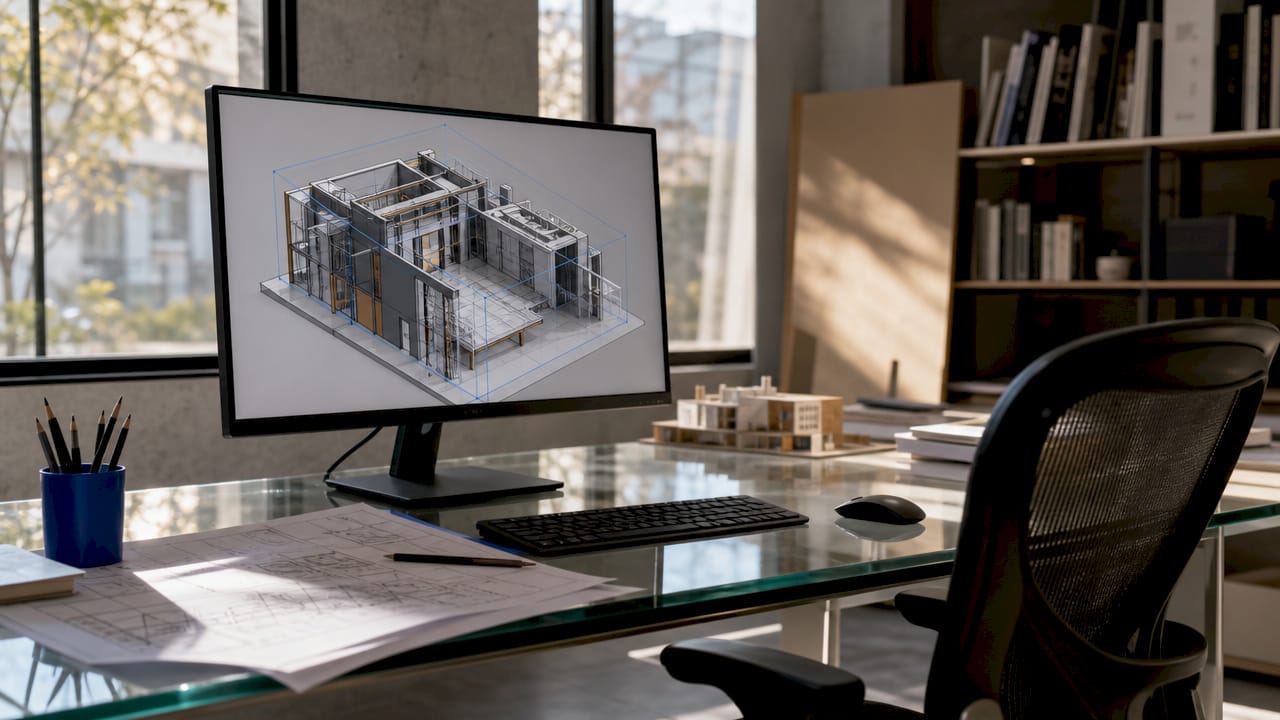 Close-up orthographic Revit model with section box visible