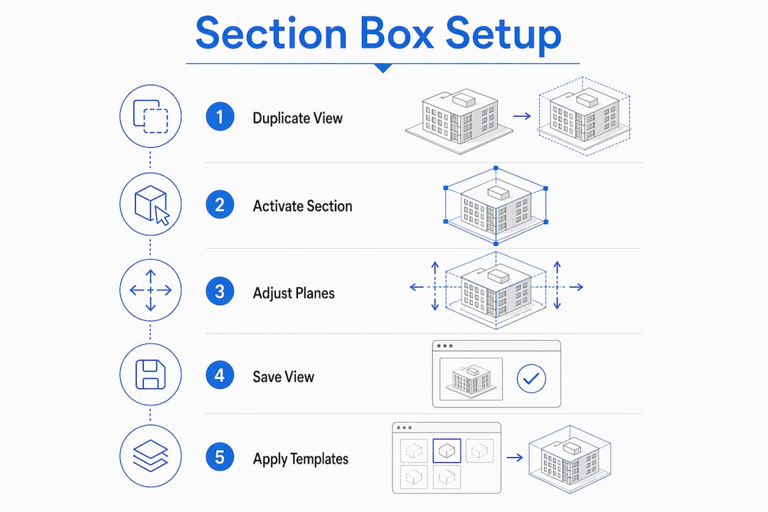 Infographic showing steps to set up Revit section box
