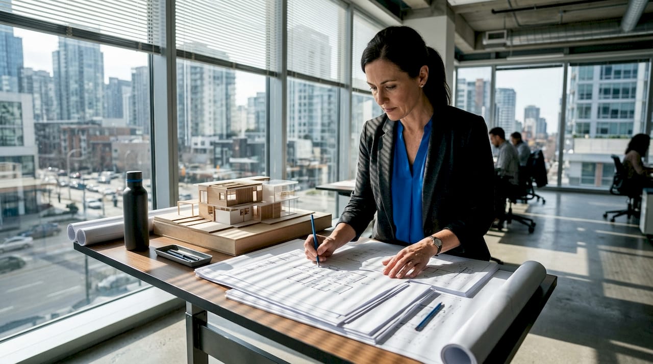 BIM manager reviewing Revit files on table
