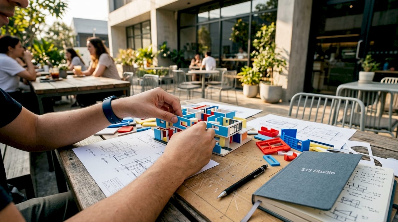 Hands assembling detailed building model parts