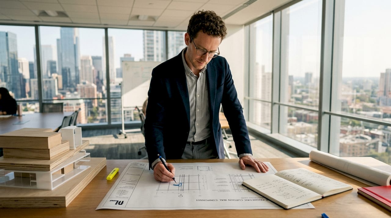 Architect working on parametric curtain wall design in office