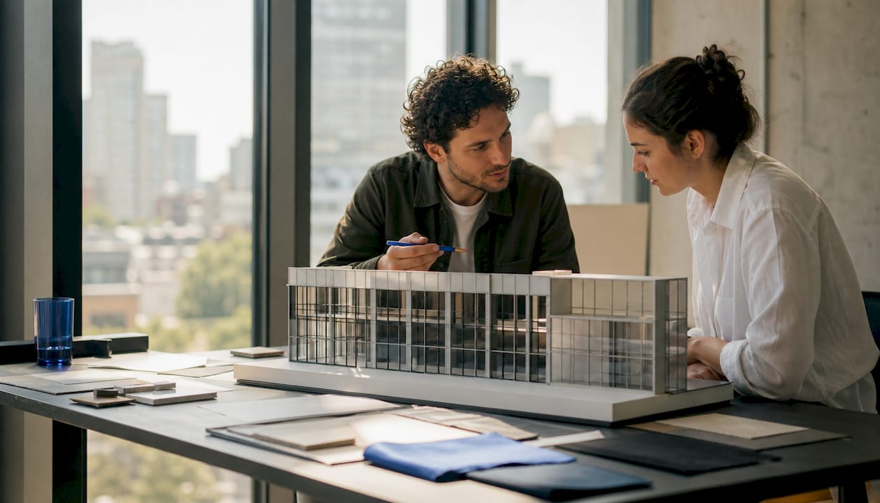 Hands adjusting curtain wall scale model details
