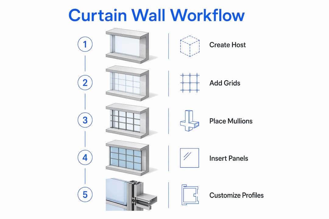 Infographic outlining curtain wall design workflow steps