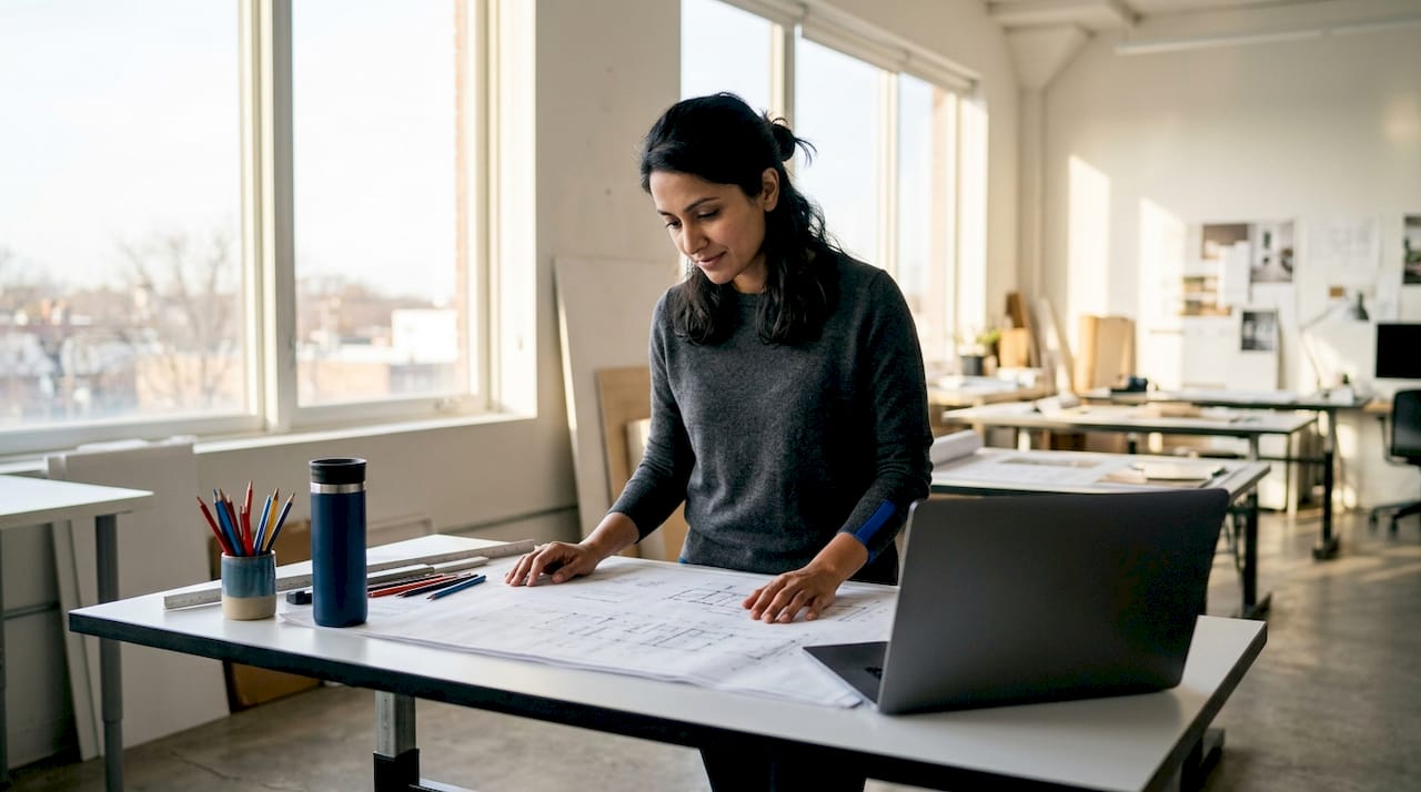 Architect reviewing plans and laptop at drafting table