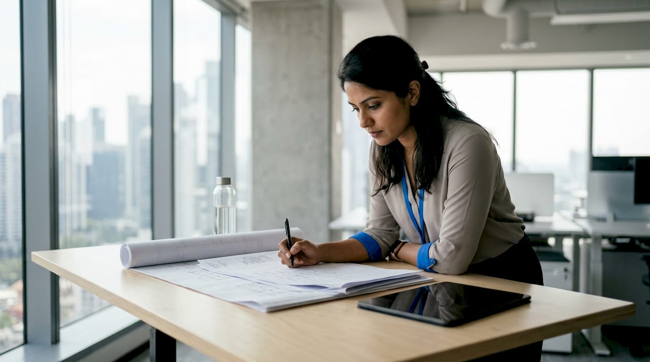 BIM professional reviewing Revit assembly codes at drafting table