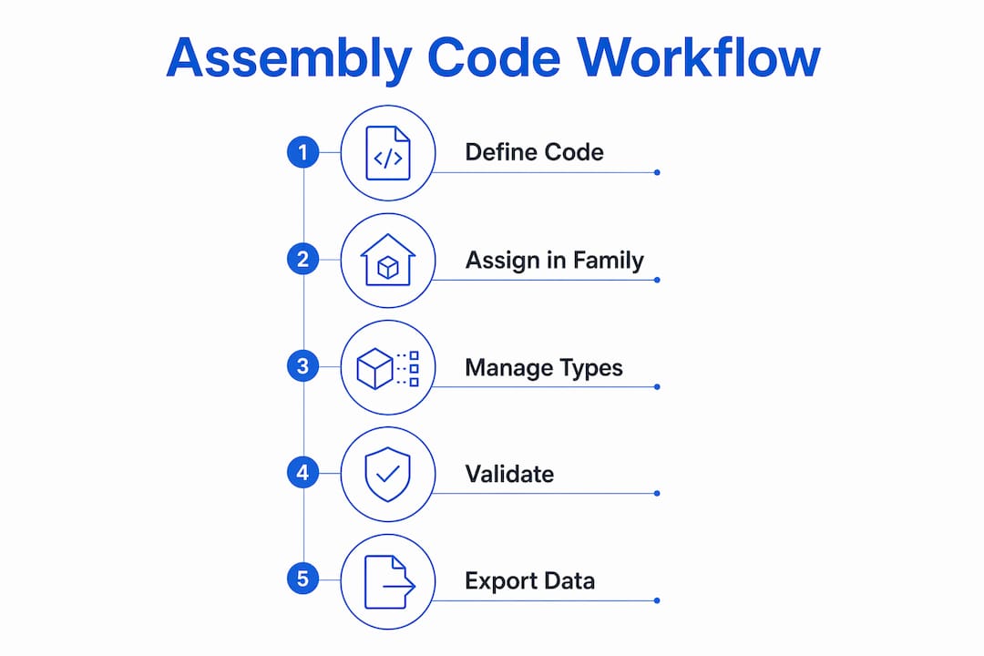 Infographic showing Revit assembly code workflow steps