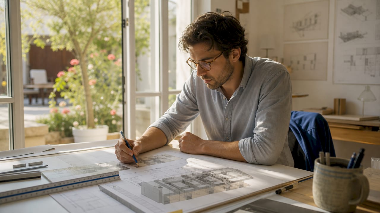 Architect reviewing printed Revit model sheets