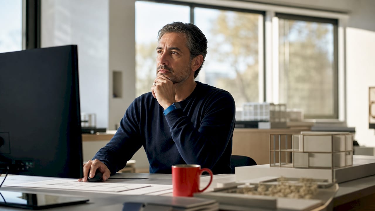 Architect assessing render results at desk