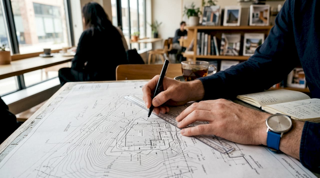Hands sketching building pad on topo map