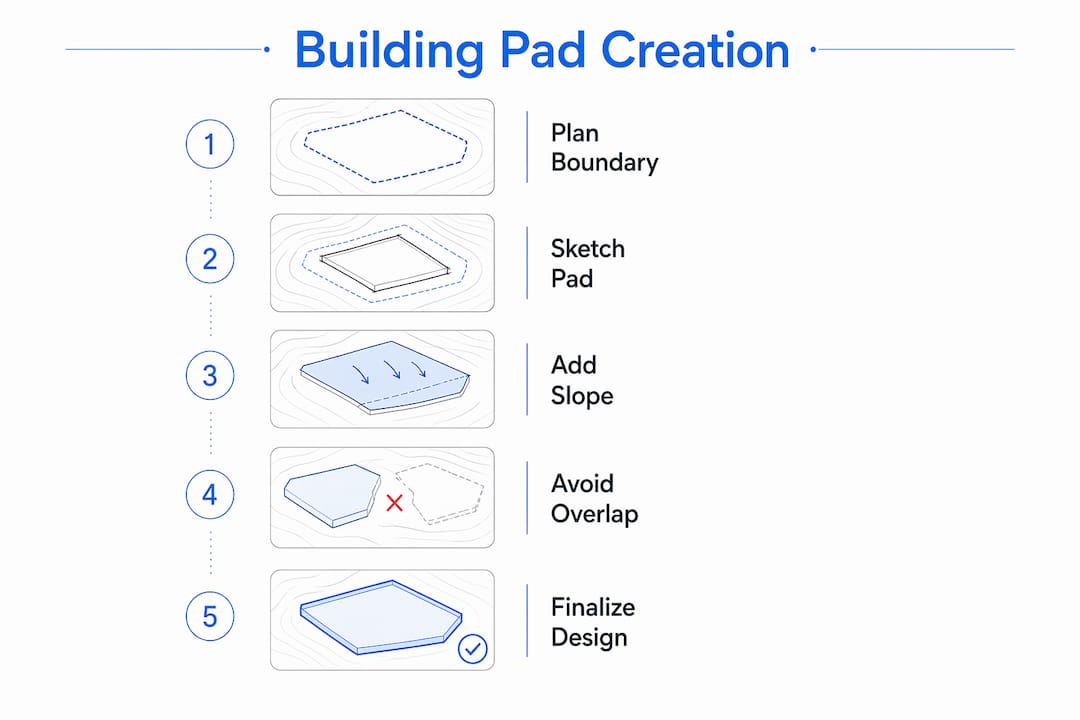 Infographic illustrating building pad creation steps