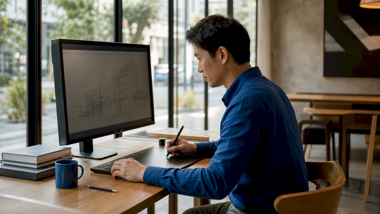 Architect setting up AutoCAD architectural drawing workspace