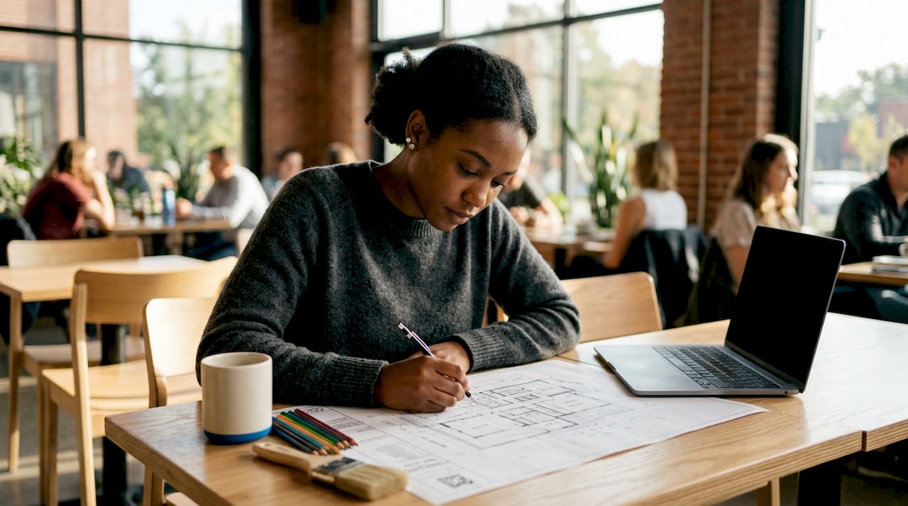 Architect hands typing near layer standard drawings